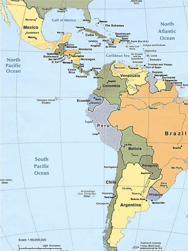 map of mexico and south america with capitals. south america and central