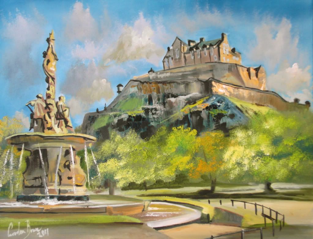 Edinburgh Castle oil painting Princes street gardens