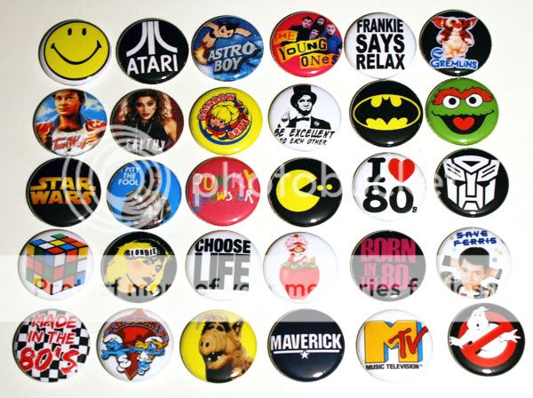 Bulk Lot ICONIC 80s PARTY BADGES x 30 Buttons Pins  